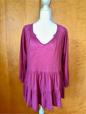 Anthropologie Rose-Red Long-Sleeve Tiered V-Neck Tunic